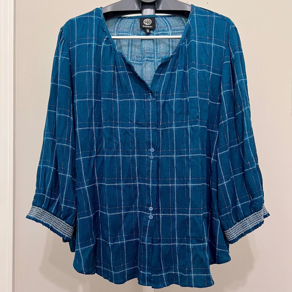Bobeau Teal Blue Plaid Button Front Blouse 3/4 Sleeve Embroidered Cuffs 3X EUC